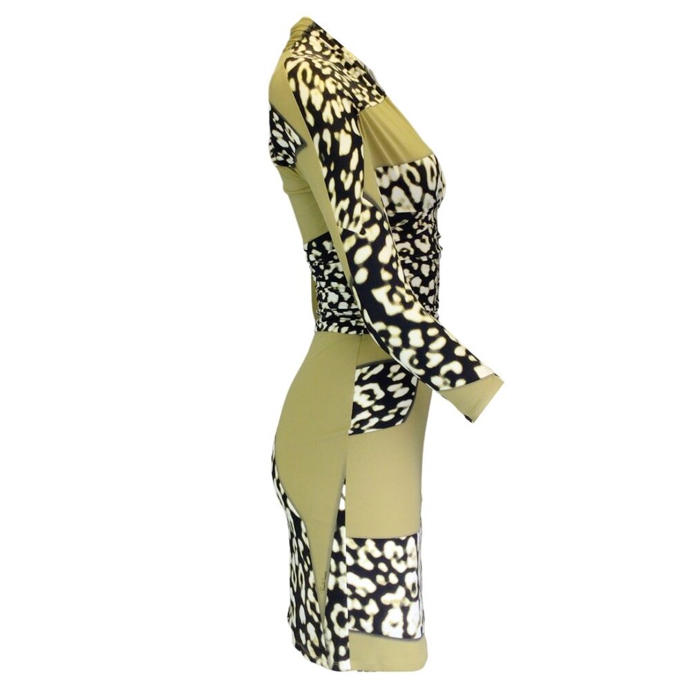 ROBERTO CAVALLI OLIVE GREEN / BLACK MULTI ANIMAL PRINT NYLON DRESS - Picture 2 of 5